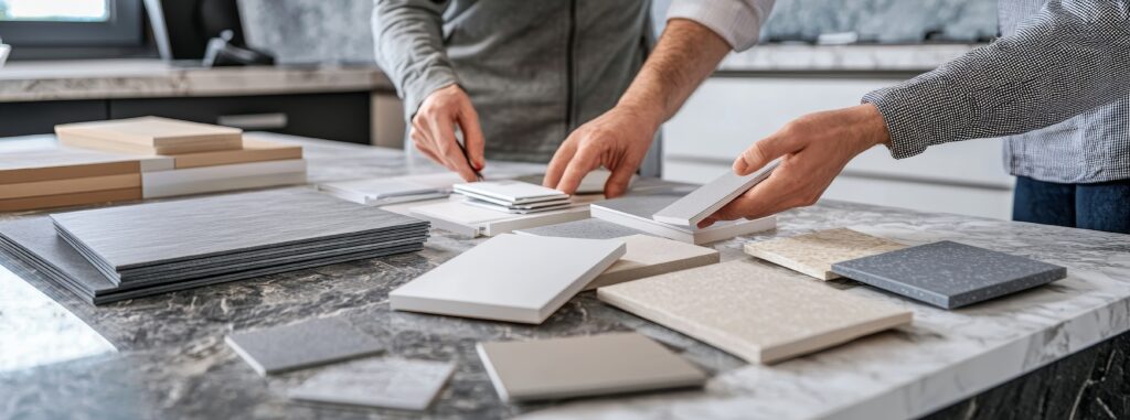 A group of professional interior designers and architects work together to plan and pick colours for a house renovation or design project.